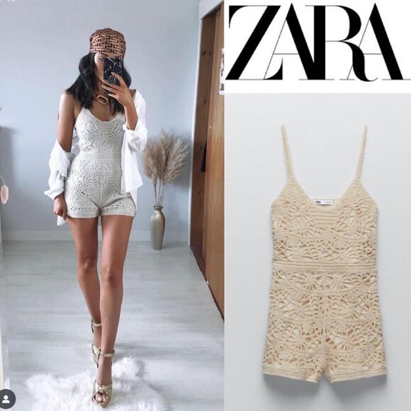 Zara Short Crochet Jumpsuit Romper Cream NWT Size Medium - Picture 2 of 12